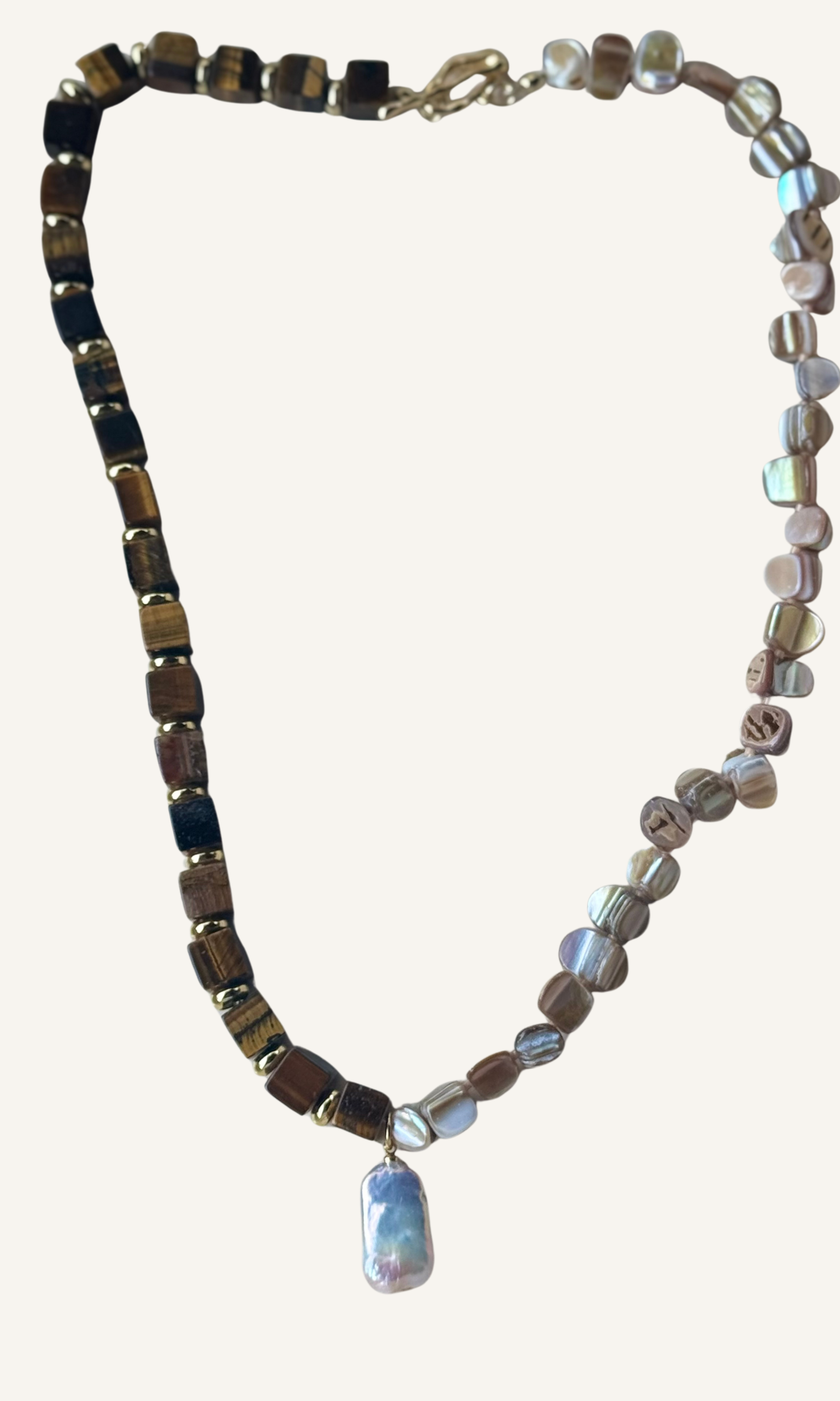 Brown Tiger's Eye and natural brown Mother of Pearl necklace with Freshwater Pearl charm, gold filled findings, and a toggle closure