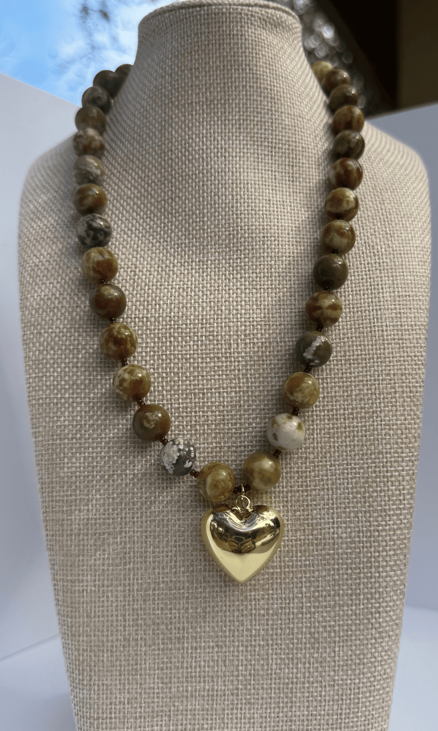Chunky Serpentine Jade necklace with a puffy gold filled heart charm and gold filled sailor clasp