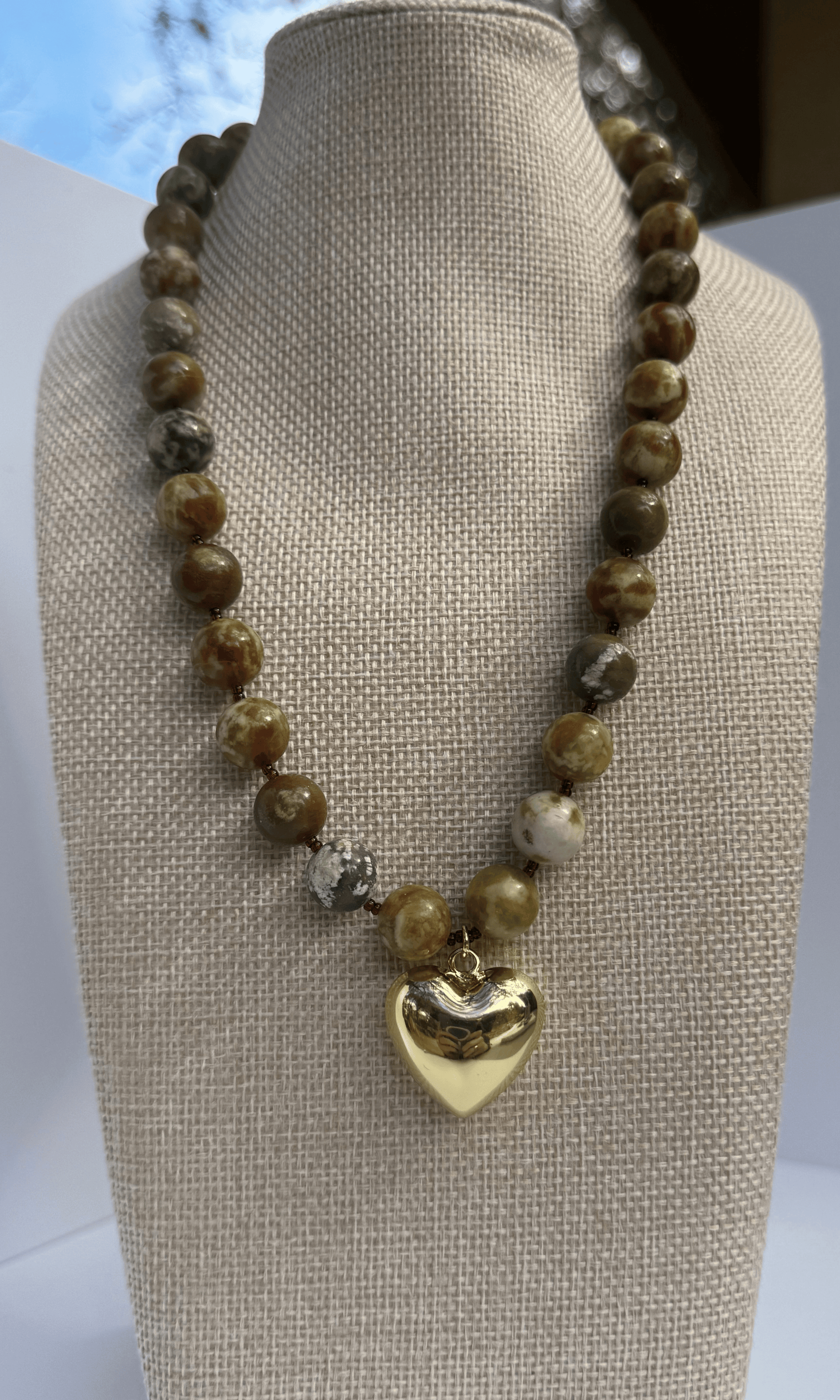Chunky Serpentine Jade necklace with a puffy gold filled heart charm and gold filled sailor clasp