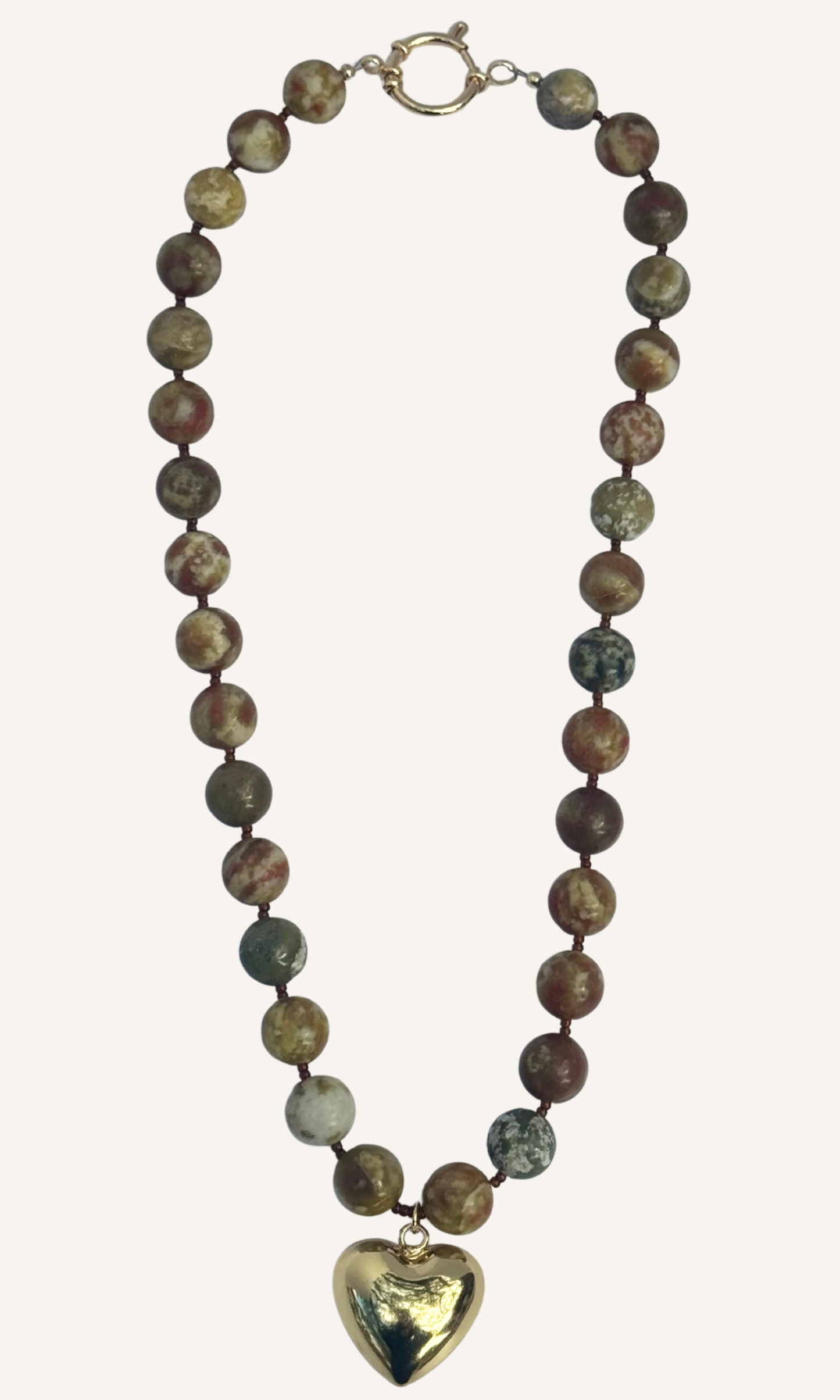 Chunky Serpentine Jade necklace with a puffy gold filled heart charm and gold filled sailor clasp