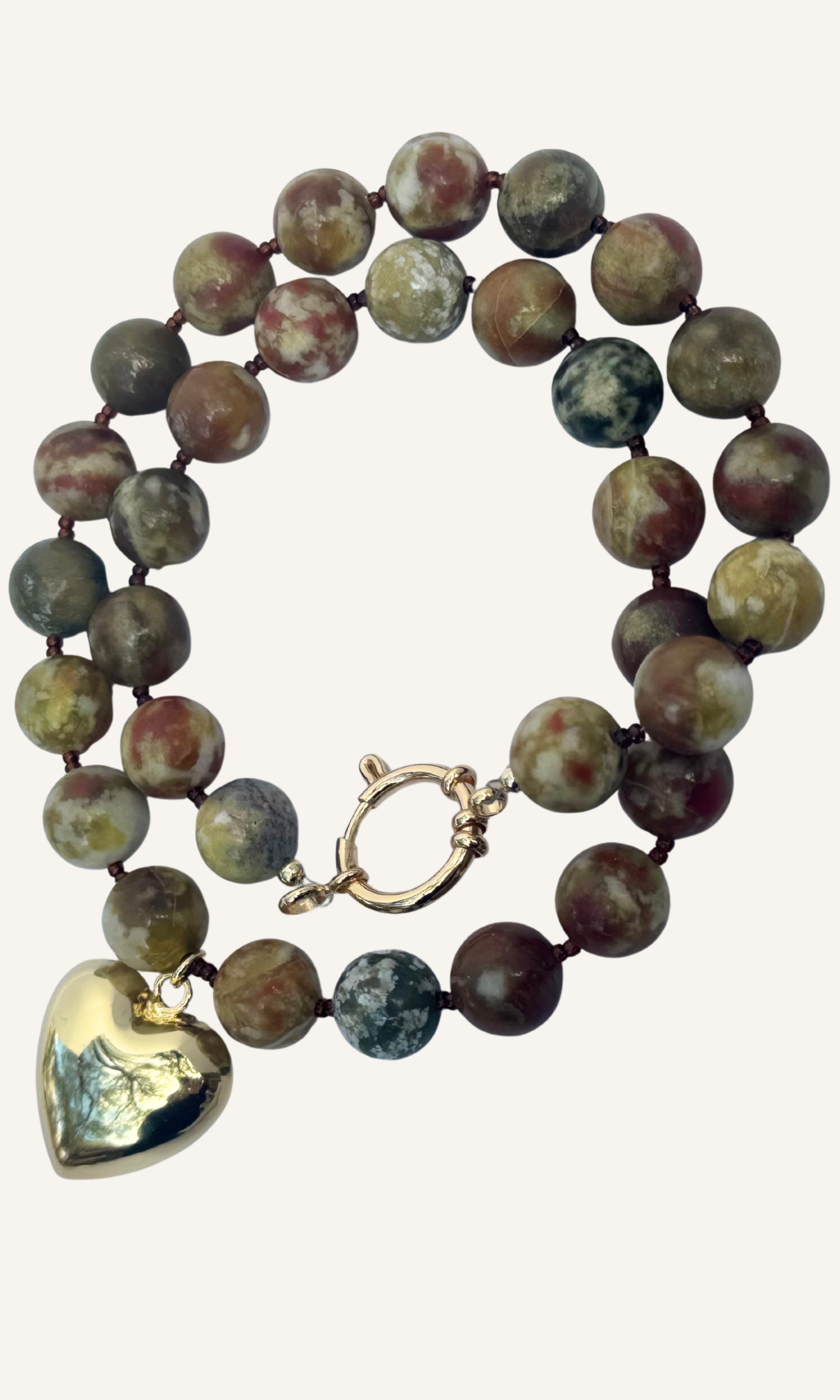 Chunky Serpentine Jade necklace with a puffy gold filled heart charm and gold filled sailor clasp