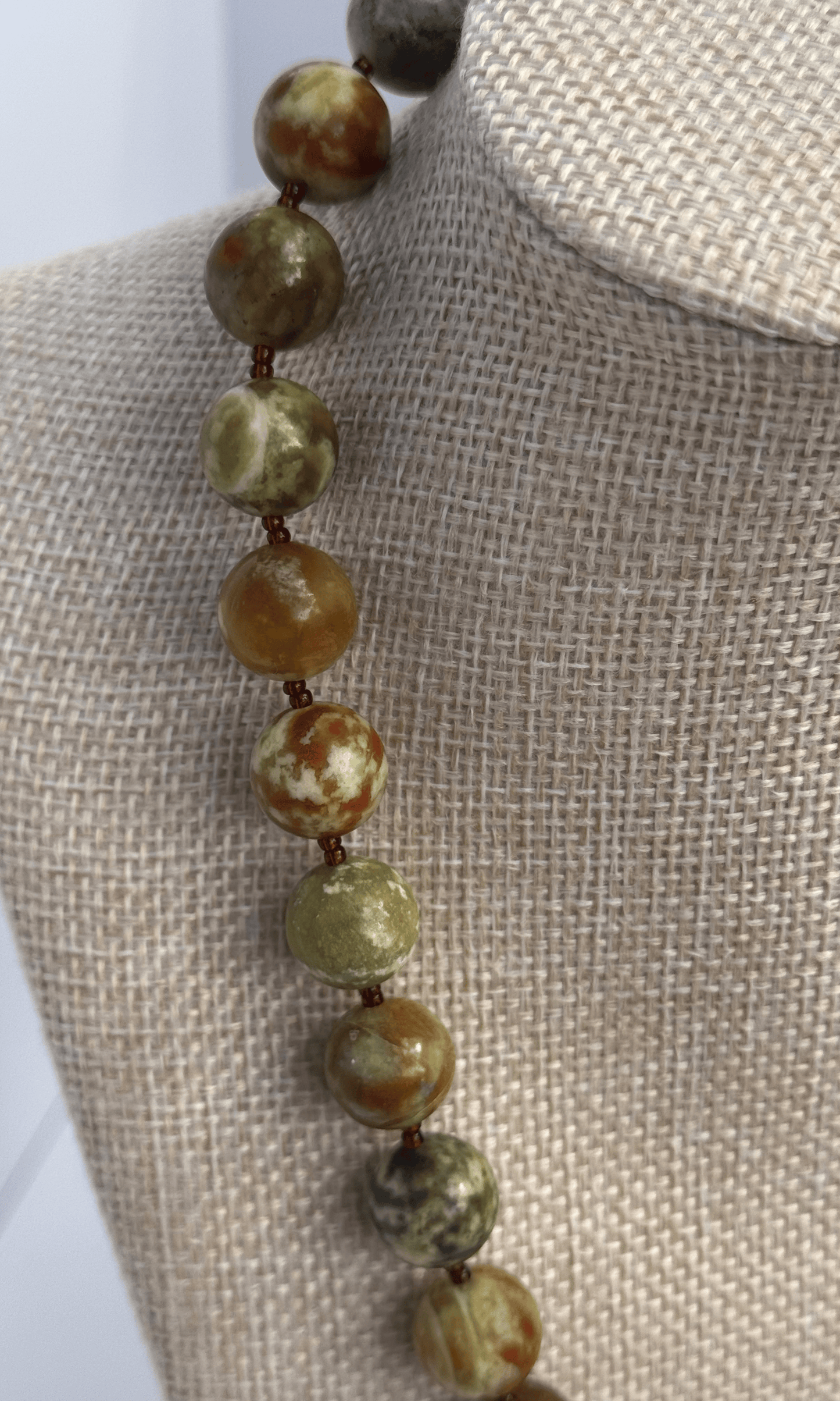 Chunky Serpentine Jade necklace with a puffy gold filled heart charm and gold filled sailor clasp