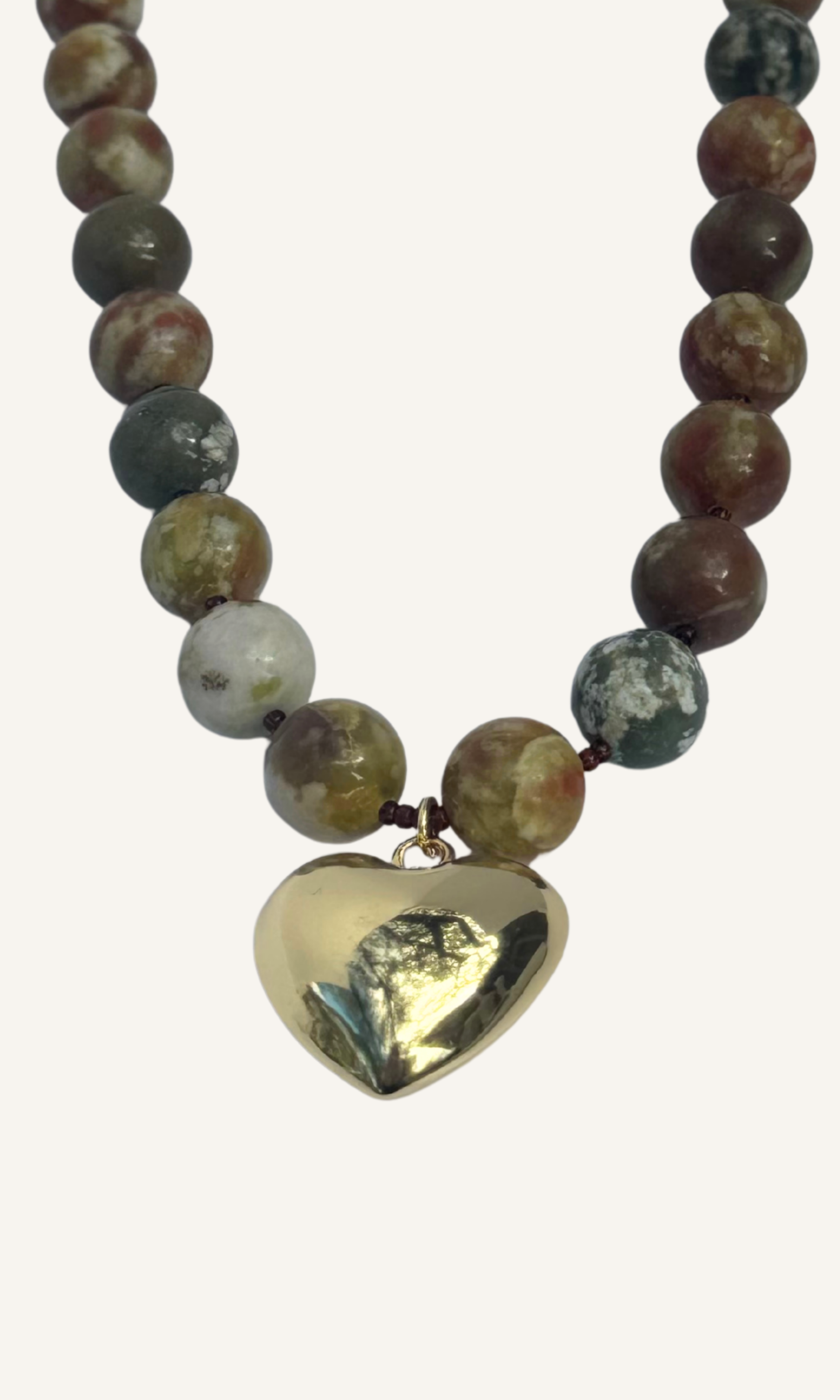 Chunky Serpentine Jade necklace with a puffy gold filled heart charm and gold filled sailor clasp