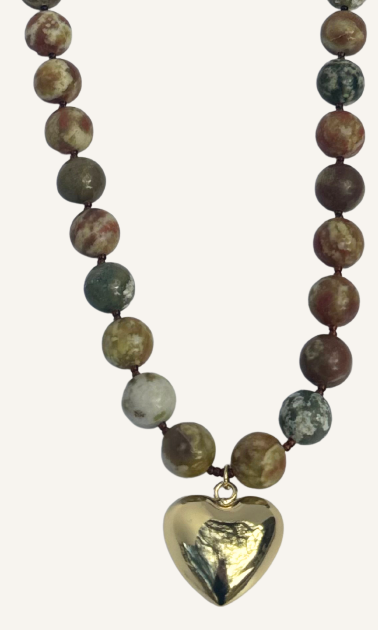 Chunky Serpentine Jade necklace with a puffy gold filled heart charm and gold filled sailor clasp