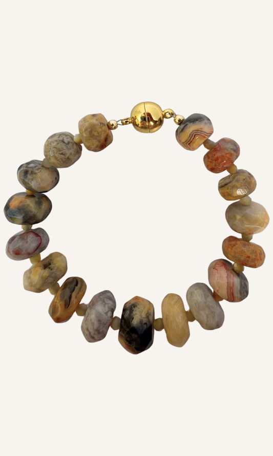 Chunky Yellow Lace Agate and Golden Mother of Pearl bracelet with a gold filled magnetic closure