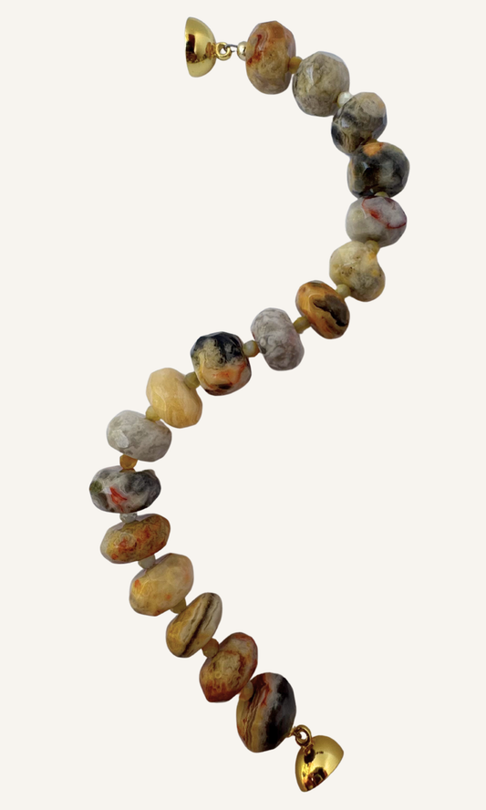 Chunky Yellow Lace Agate and Golden Mother of Pearl bracelet with a gold filled magnetic closure