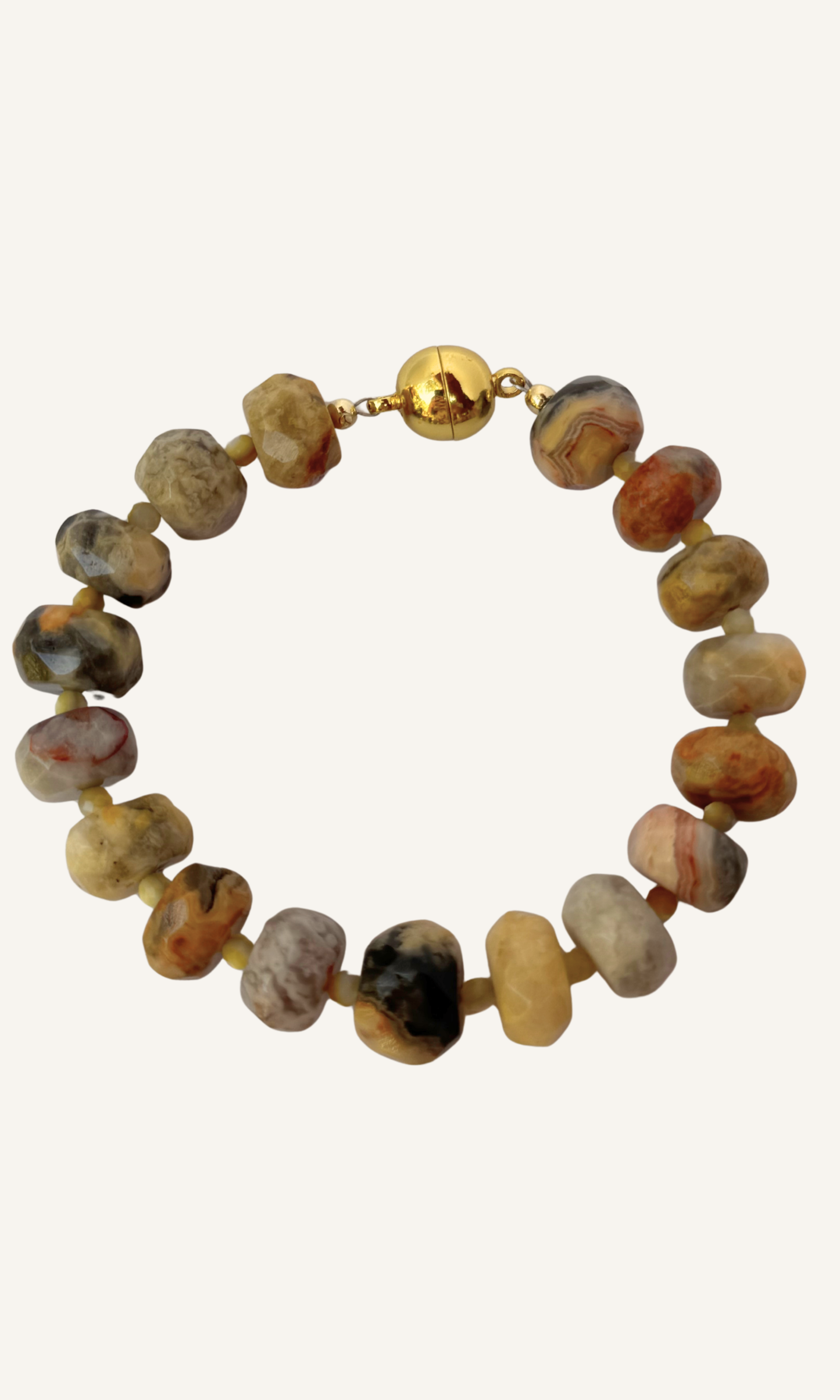 Chunky Yellow Lace Agate and Golden Mother of Pearl bracelet with a gold filled magnetic closure