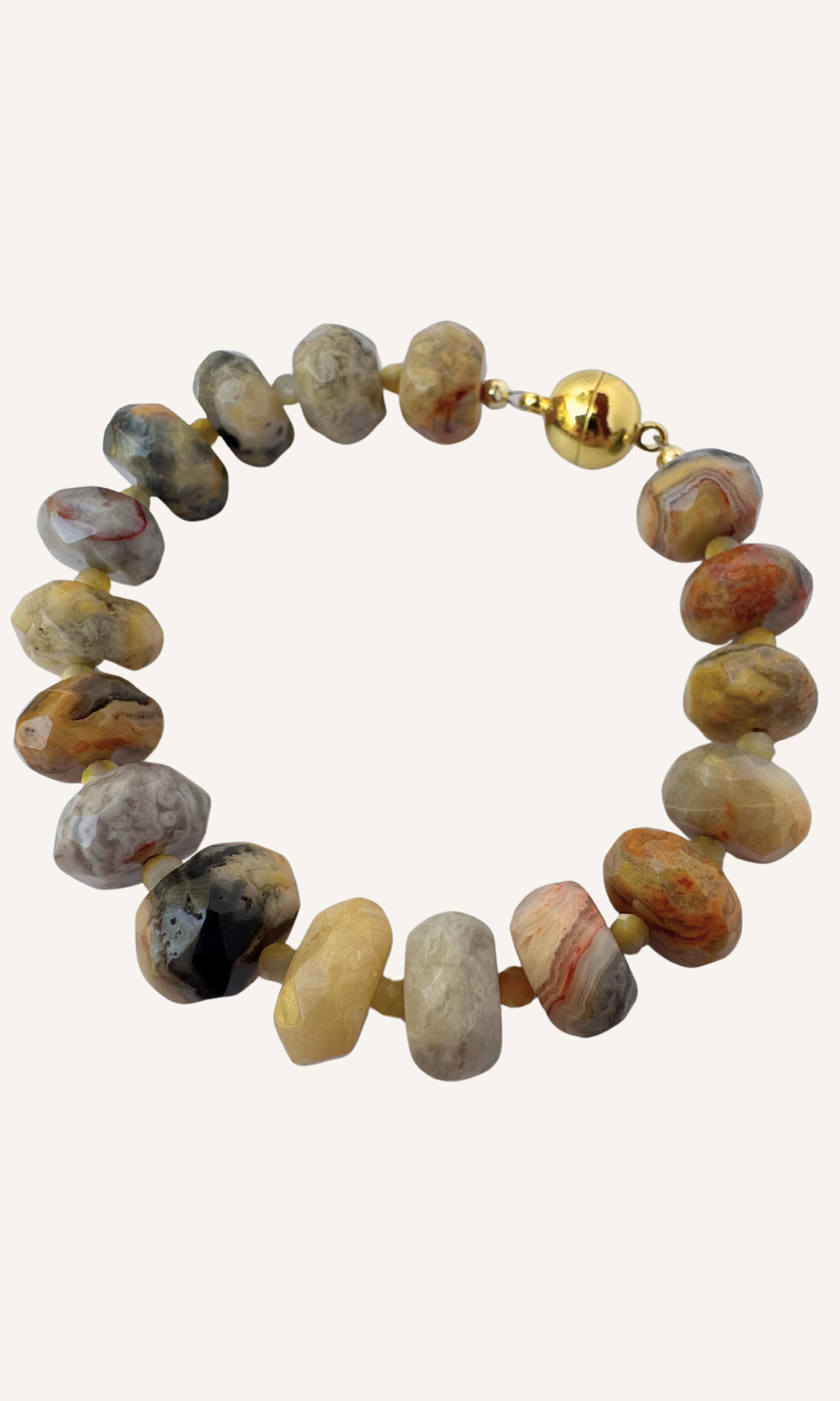 Chunky Yellow Lace Agate and Golden Mother of Pearl bracelet with a gold filled magnetic closure