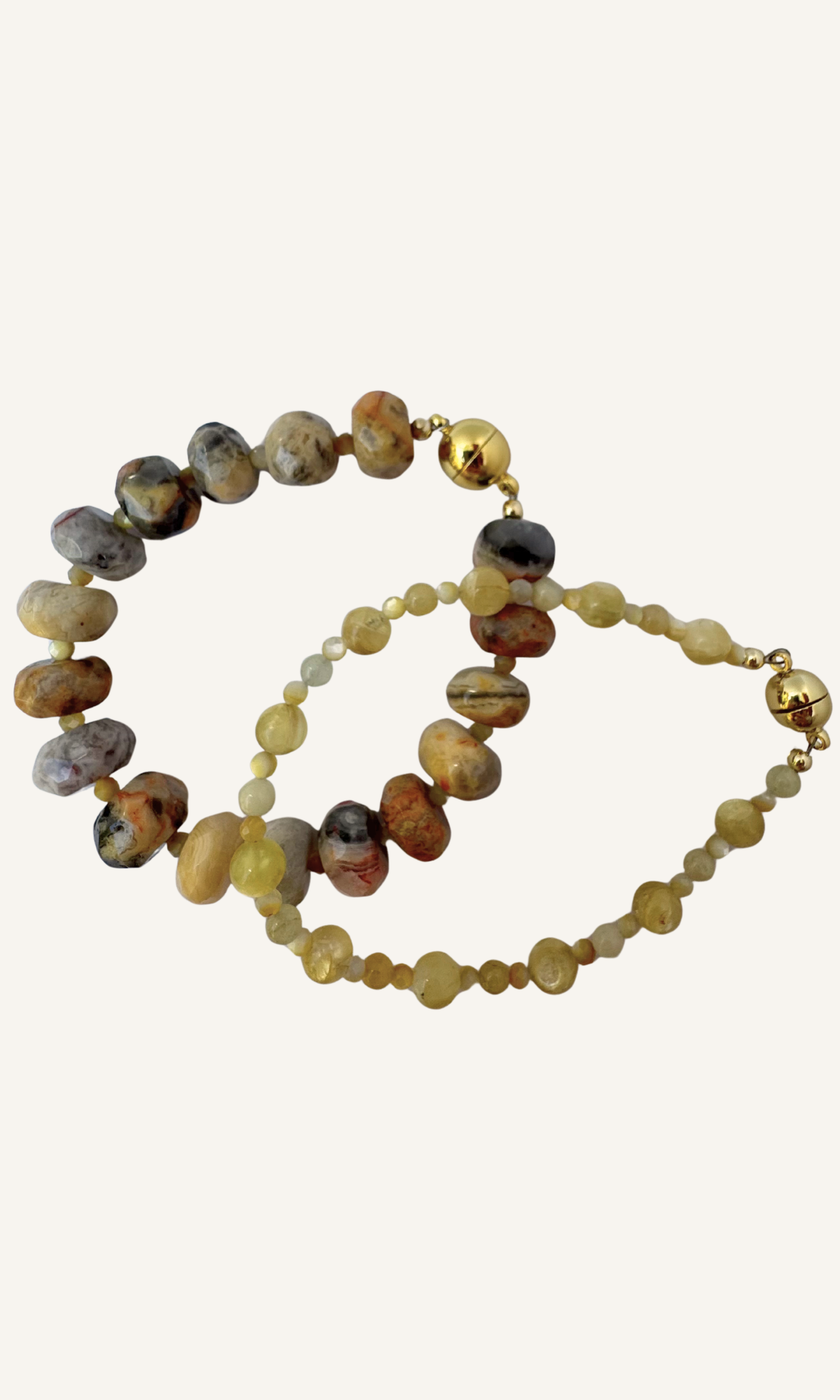 Chunky Yellow Lace Agate and Golden Mother of Pearl bracelet with a gold filled magnetic closure and yellow multi-gemstone bracelet with Yellow Aquamarine and Golden Lepidolite and a magnetic clasp