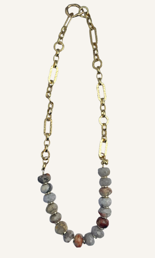 Chunky Yellow Lace Agate necklace with a gold filled hammered figaro chain and push gate clasp