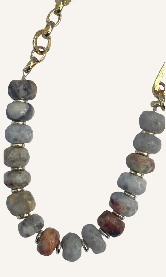 Chunky Yellow Lace Agate necklace with a gold filled hammered figaro chain and push gate clasp