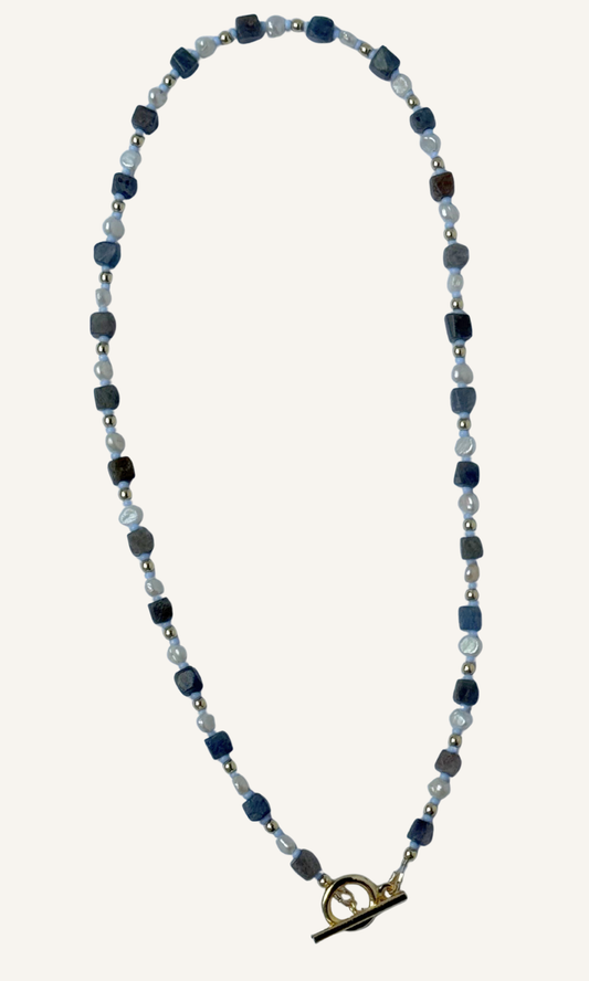Cubed Sapphire and tiny Freshwater Pearl necklace with light blue and gold spacer beads, gold filled findings, and a toggle closure
