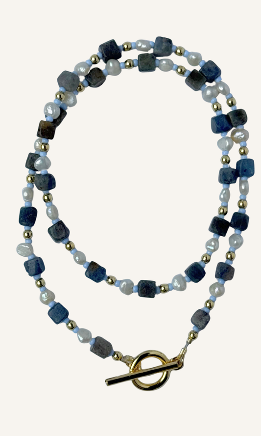 Cubed Sapphire and tiny Freshwater Pearl necklace with light blue and gold spacer beads, gold filled findings, and a toggle closure