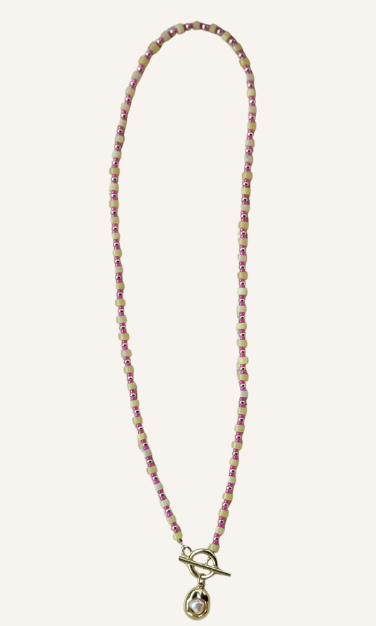 Dainty Lemon Jade necklace with hot pink spacer beads, Freshwater Pearl charm, gold filled findings, and a toggle closure