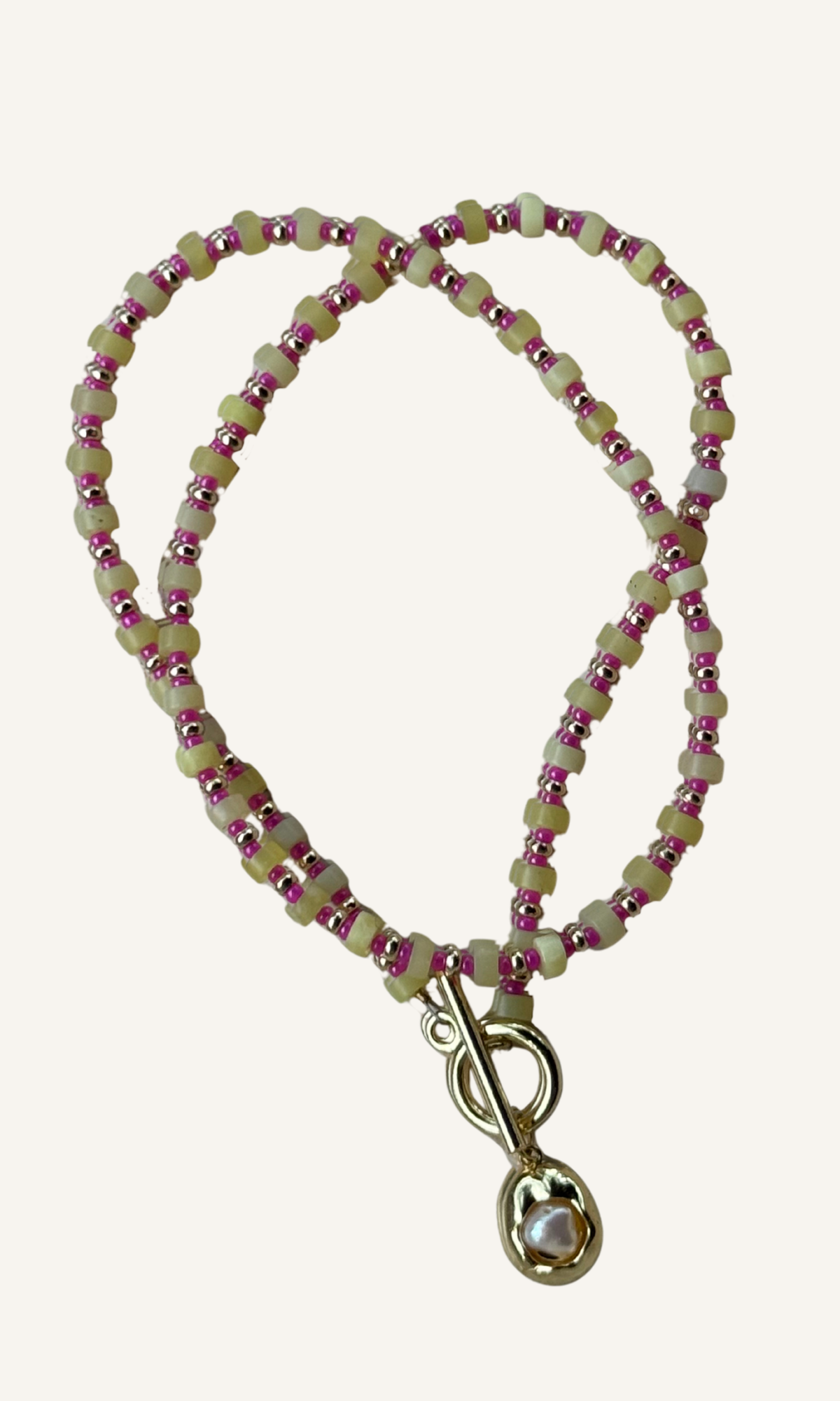 Dainty Lemon Jade necklace with hot pink spacer beads, Freshwater Pearl charm, gold filled findings, and a toggle closure