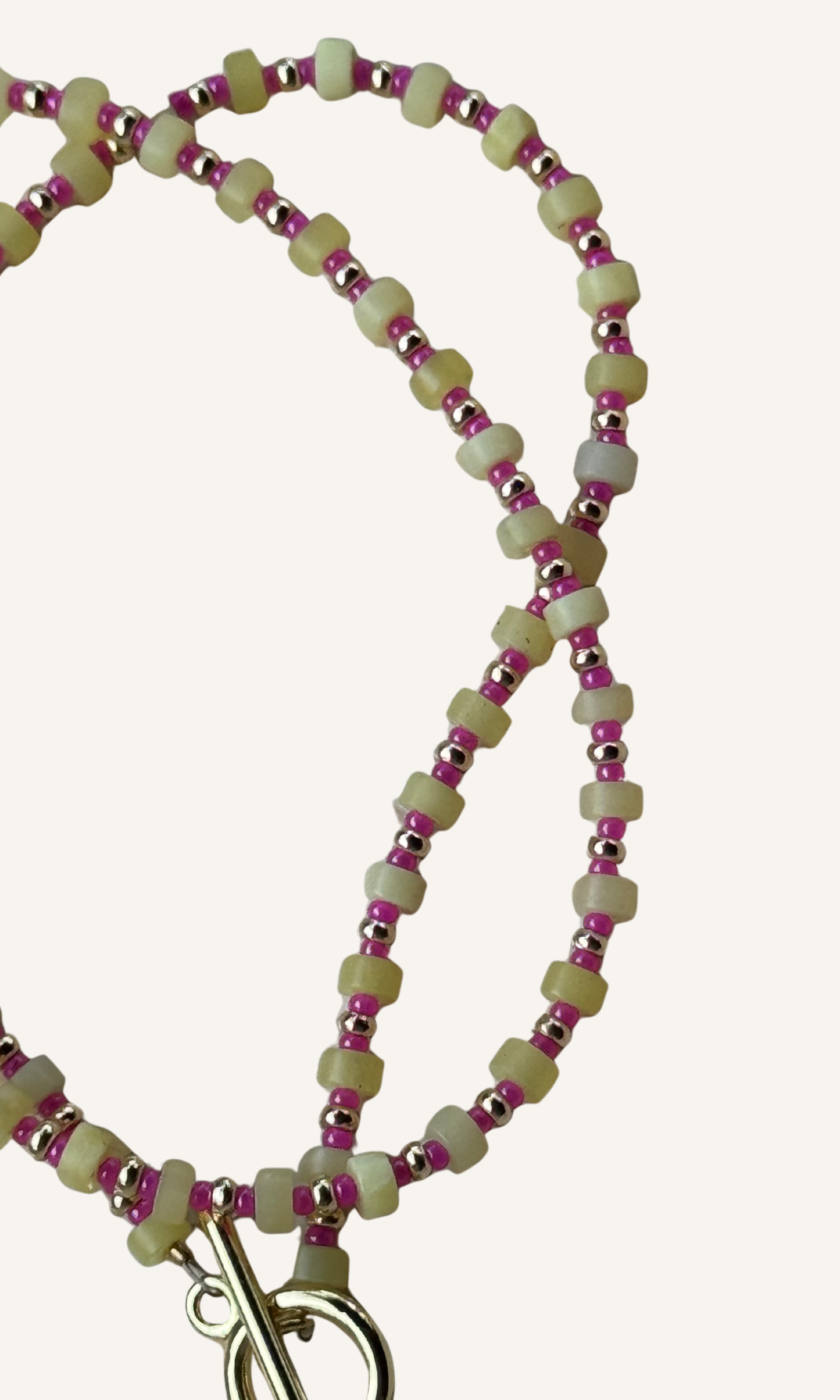 Dainty Lemon Jade necklace with hot pink spacer beads, Freshwater Pearl charm, gold filled findings, and a toggle closure