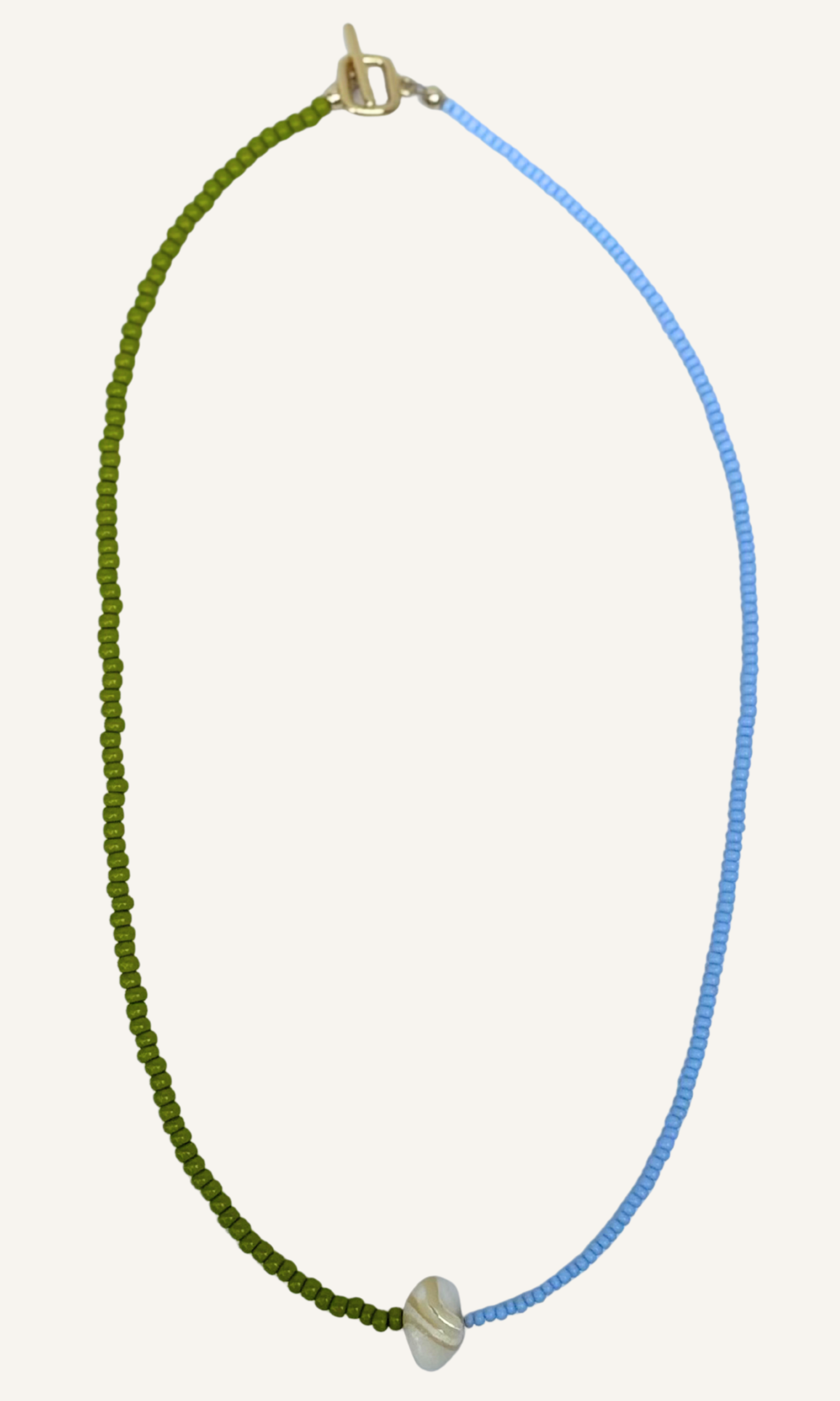 Dainty green and blue color block necklace with Mother of Pearl, gold filled findings, and a toggle closure