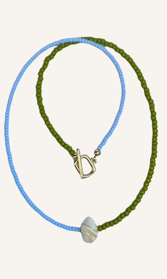 Dainty green and blue color block necklace with Mother of Pearl, gold filled findings, and a toggle closure