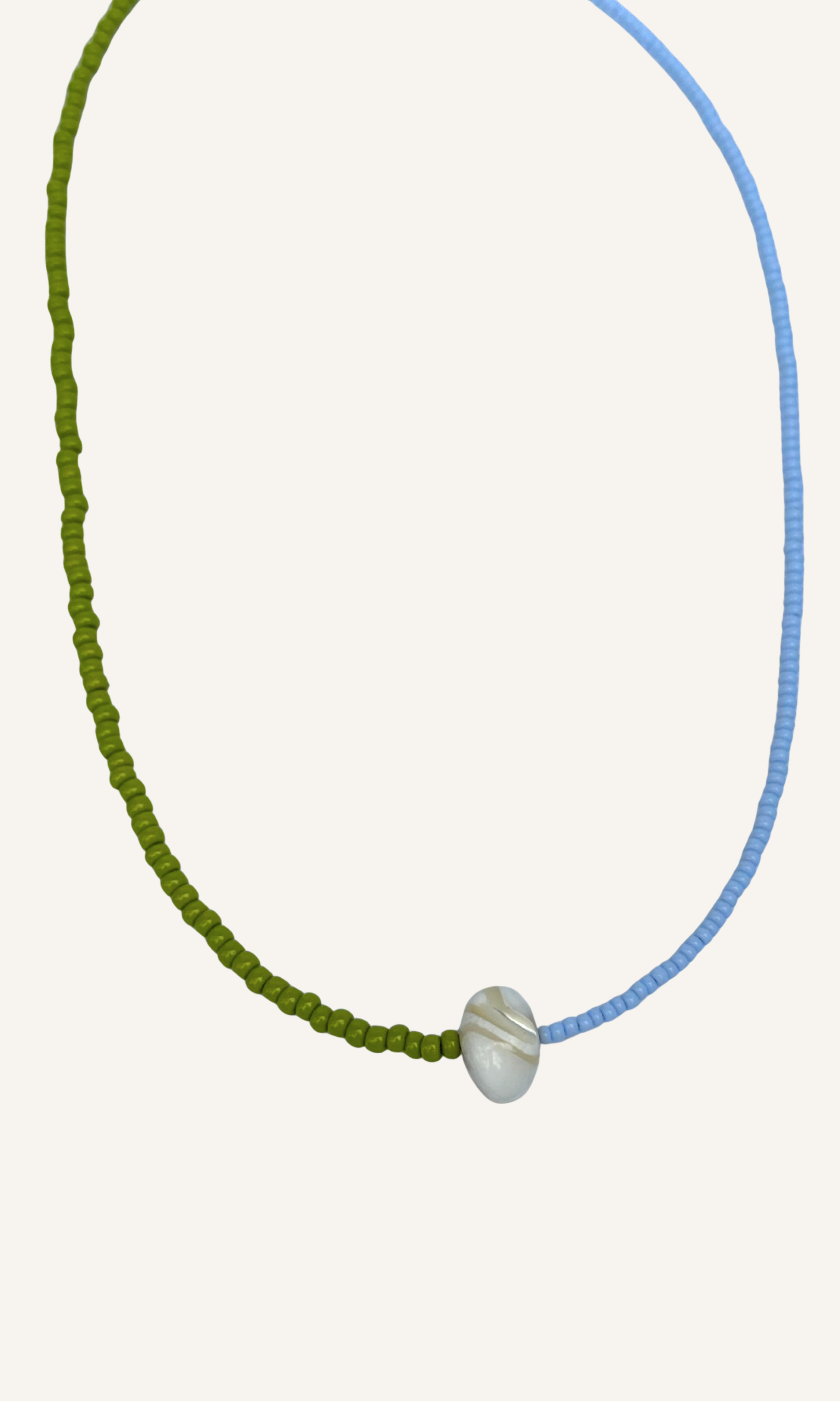 Dainty green and blue color block necklace with Mother of Pearl, gold filled findings, and a toggle closure