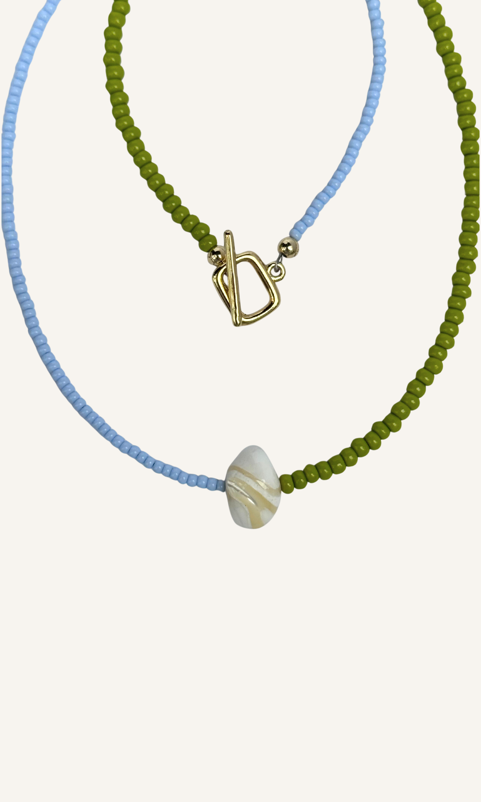 Dainty green and blue color block necklace with Mother of Pearl, gold filled findings, and a toggle closure