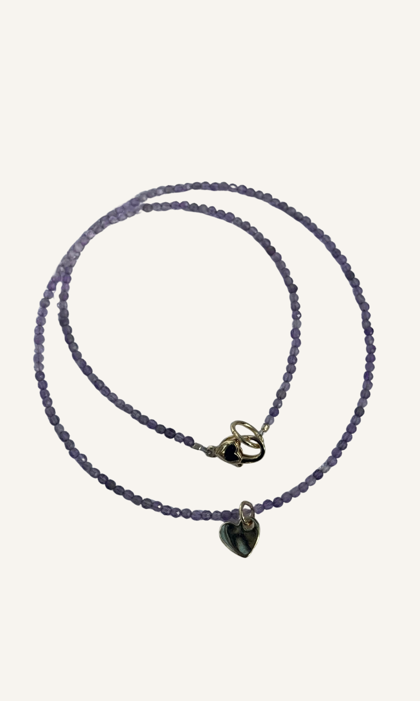 Dainty purple Amethyst necklace with gold filled heart charm and heart lobster clasp