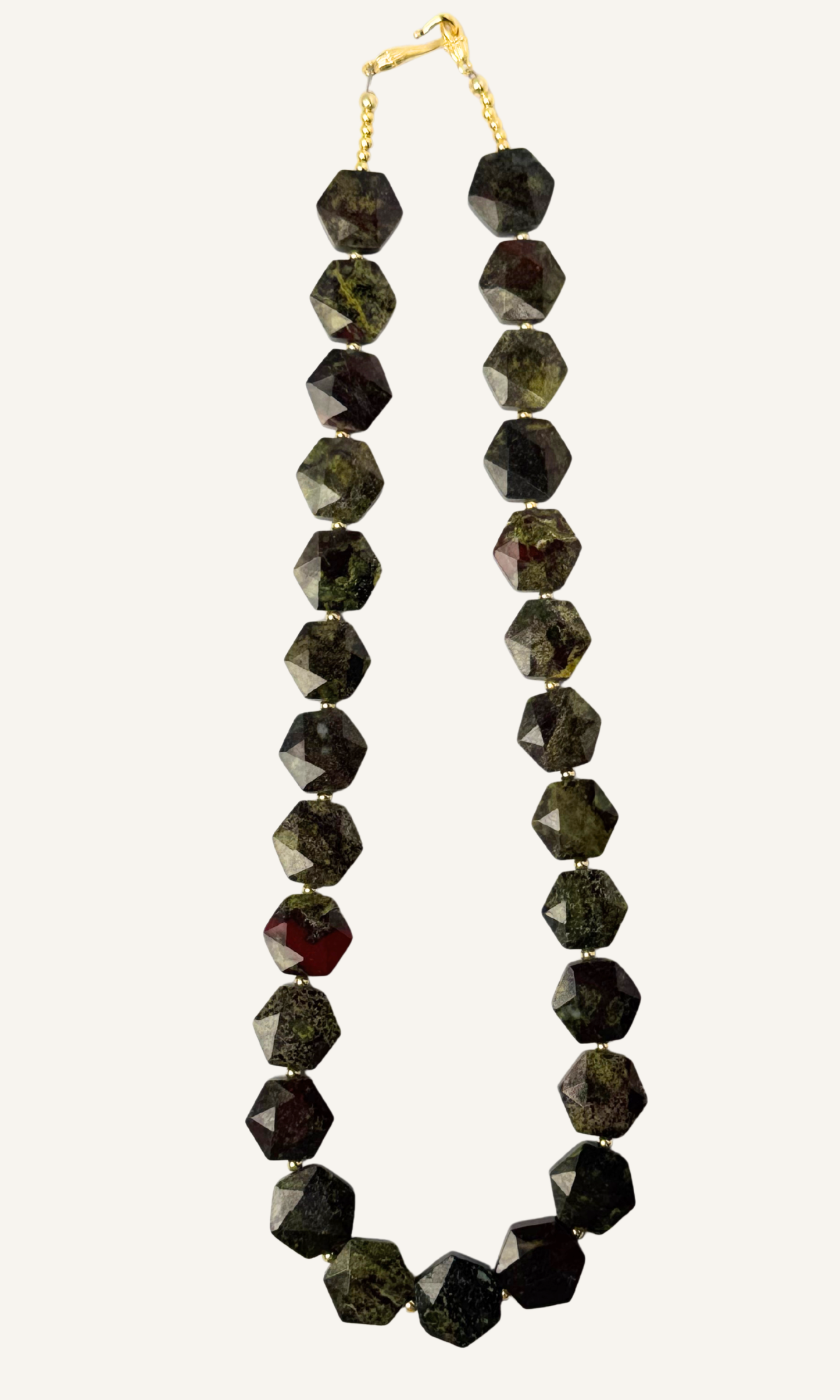 Dark green Dragon Blood Jasper necklace with hexagon shaped stones, gold spacer beads, gold filled findings, and a hook clasp