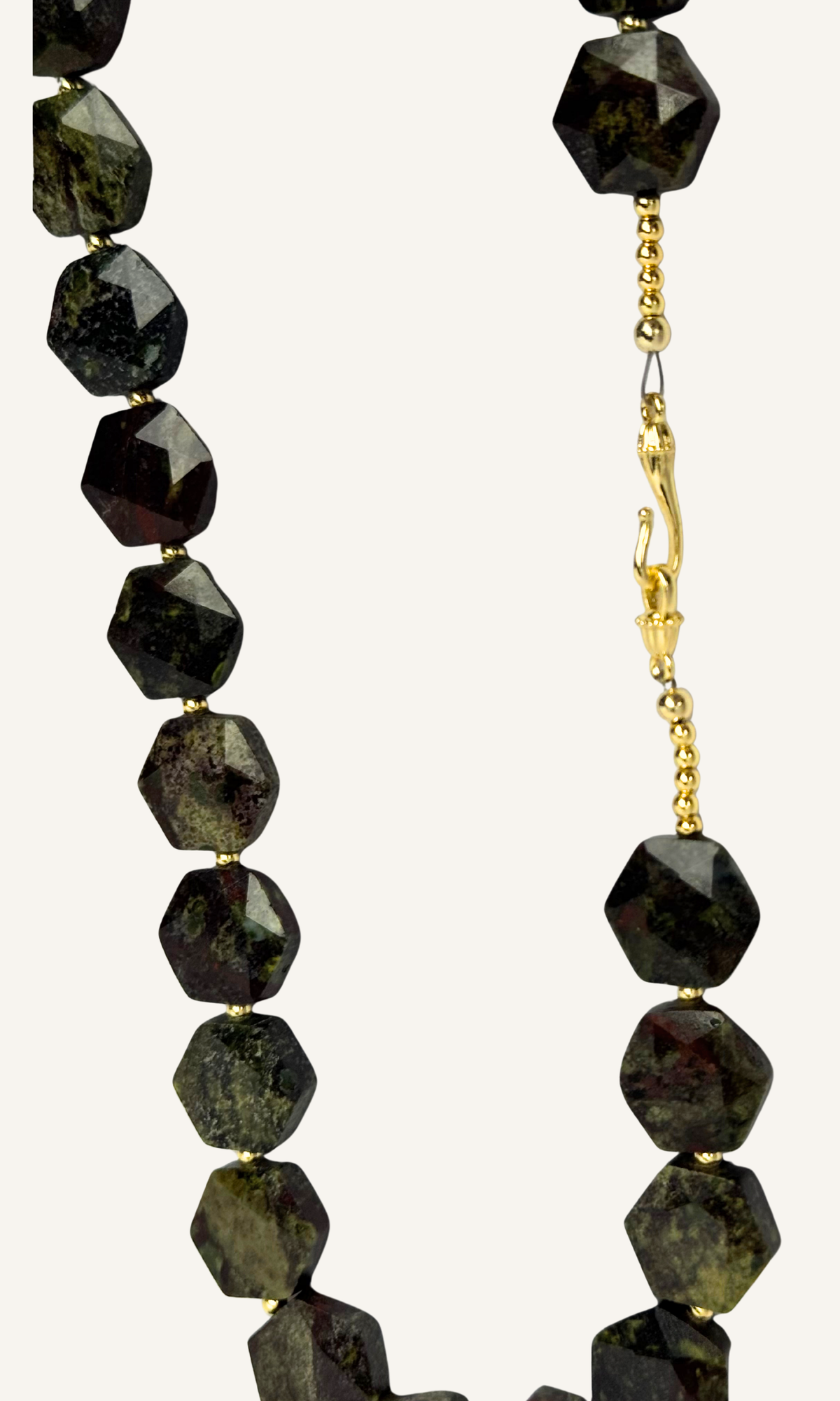 Dark green Dragon Blood Jasper necklace with hexagon shaped stones, gold spacer beads, gold filled findings, and a hook clasp