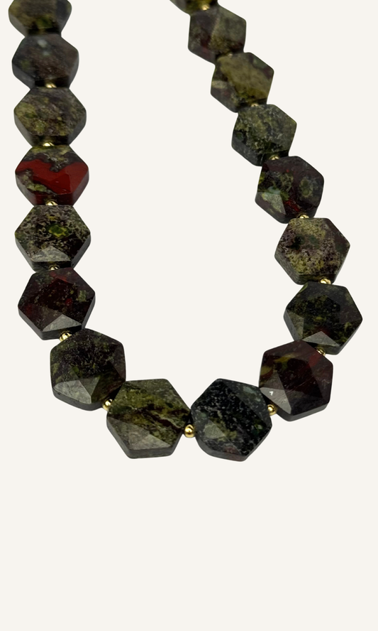 Dark green Dragon Blood Jasper necklace with hexagon shaped stones, gold spacer beads, gold filled findings, and a hook clasp