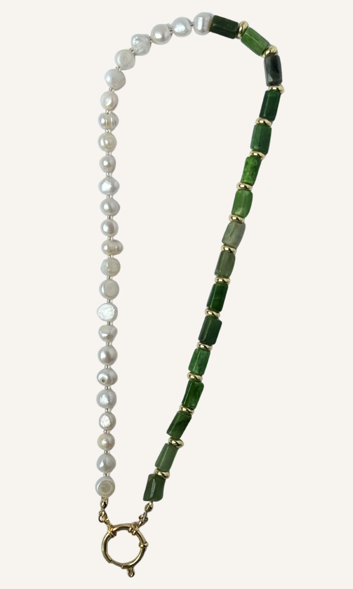Green Canadian Jade and Freshwater Pearl necklace with gold filled spacers and a sailor clasp