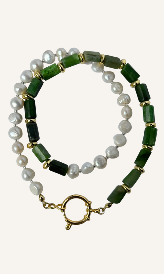 Green Canadian Jade and Freshwater Pearl necklace with gold filled spacers and a sailor clasp