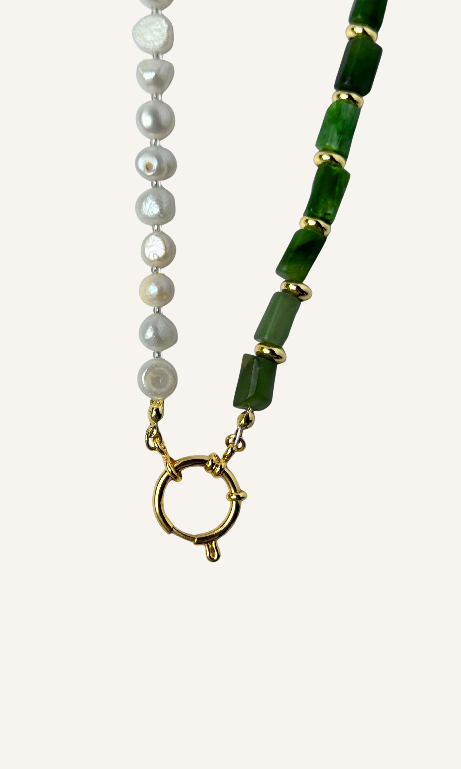 Green Canadian Jade and Freshwater Pearl necklace with gold filled spacers and a sailor clasp