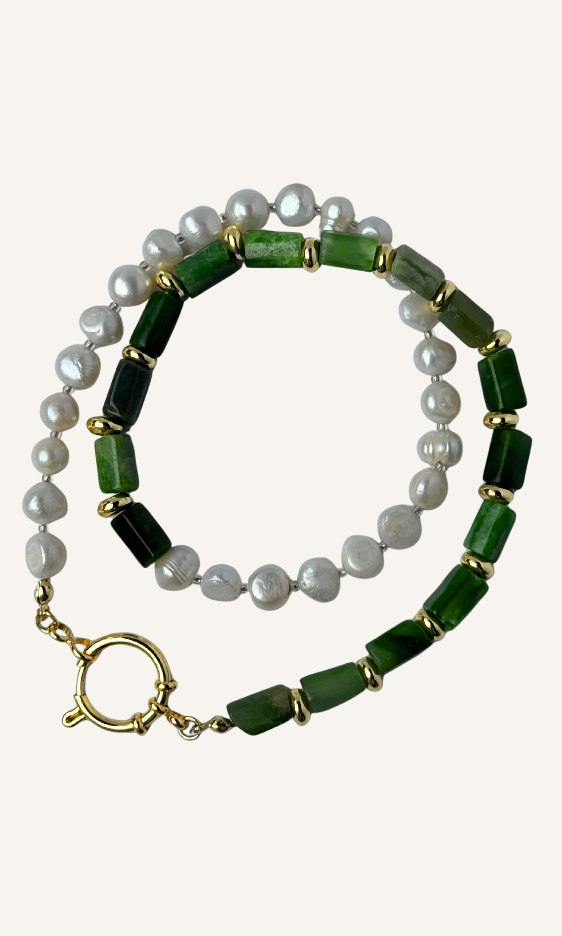 Green Canadian Jade and Freshwater Pearl necklace with gold filled spacers and a sailor clasp