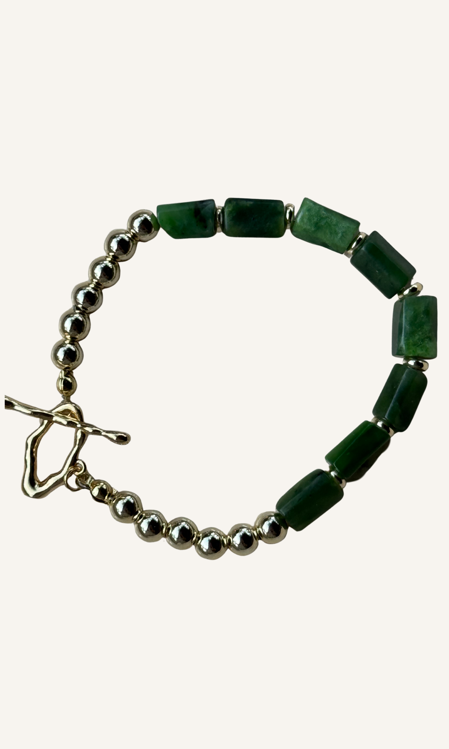 Green Canadian Jade bracelet with gold filled findings and a toggle closure