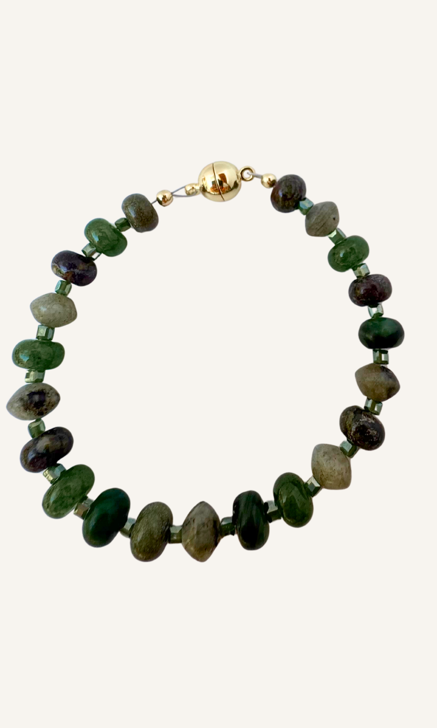 Green Multi-Gemstone bracelet with Dragon Blood Jasper, Labradorite, African Green Jade, Green Aventurine, Faceted Glass Beads, and a gold filled magnetic clasp