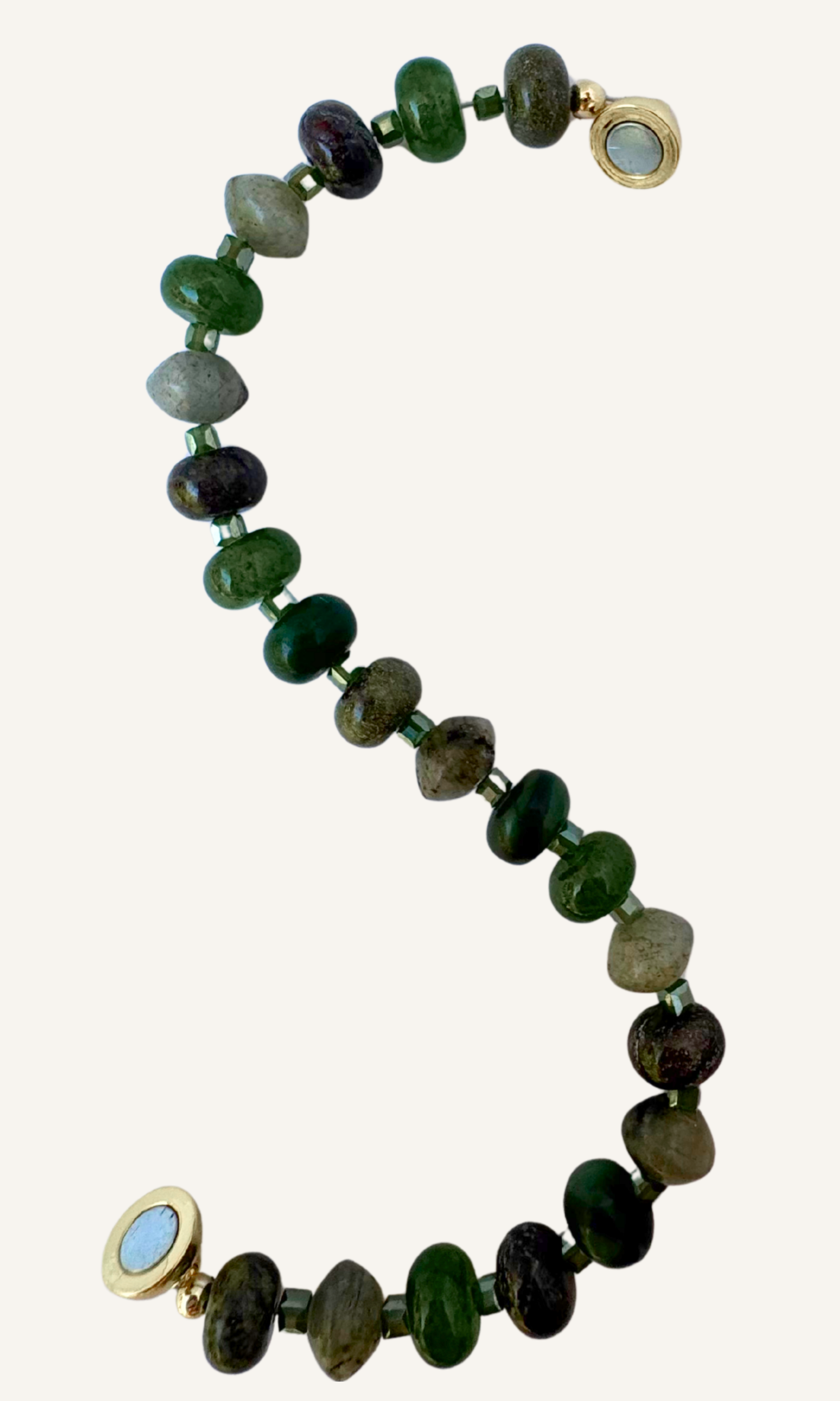 Green Multi-Gemstone bracelet with Dragon Blood Jasper, Labradorite, African Green Jade, Green Aventurine, Faceted Glass Beads, and a gold filled magnetic clasp