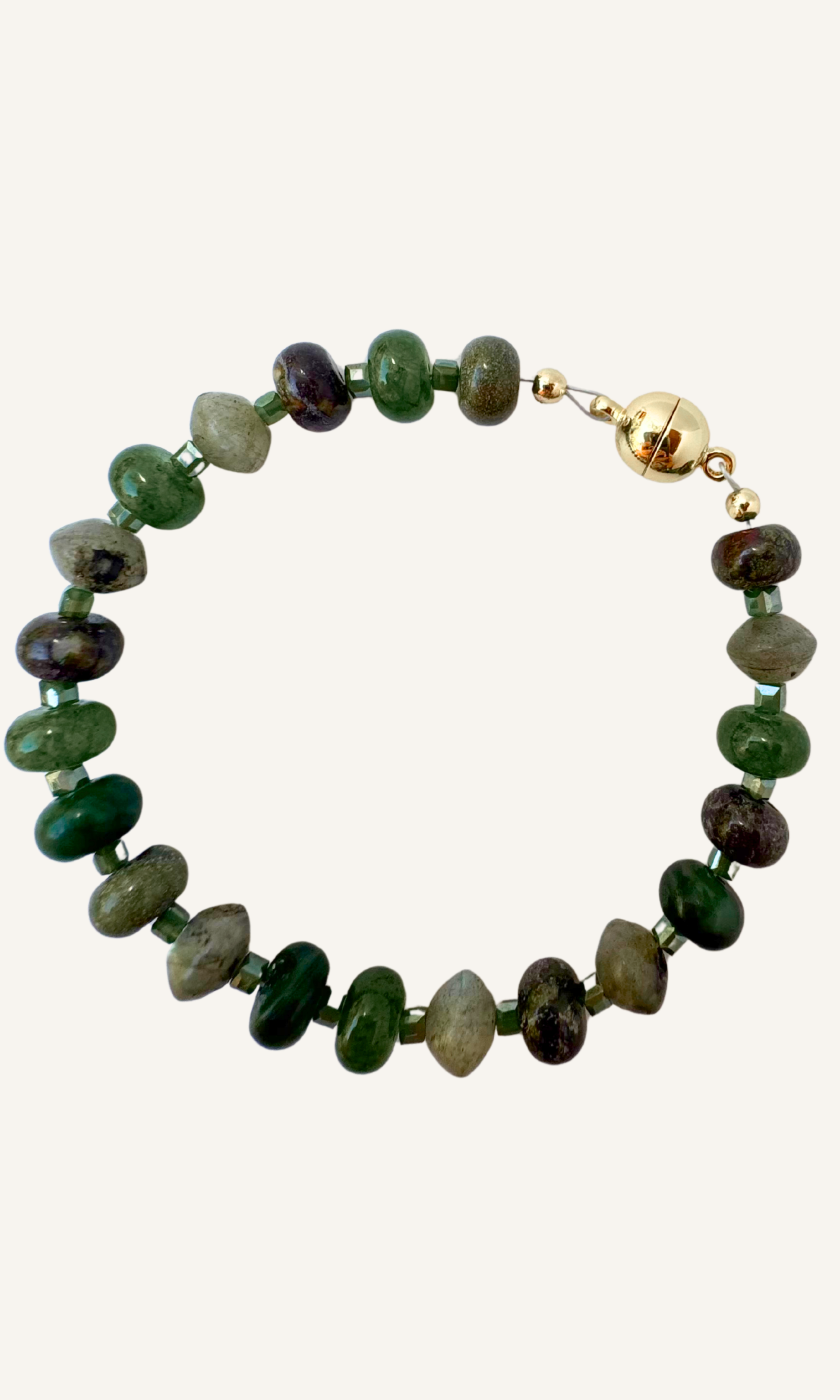 Green Multi-Gemstone bracelet with Dragon Blood Jasper, Labradorite, African Green Jade, Green Aventurine, Faceted Glass Beads, and a gold filled magnetic clasp