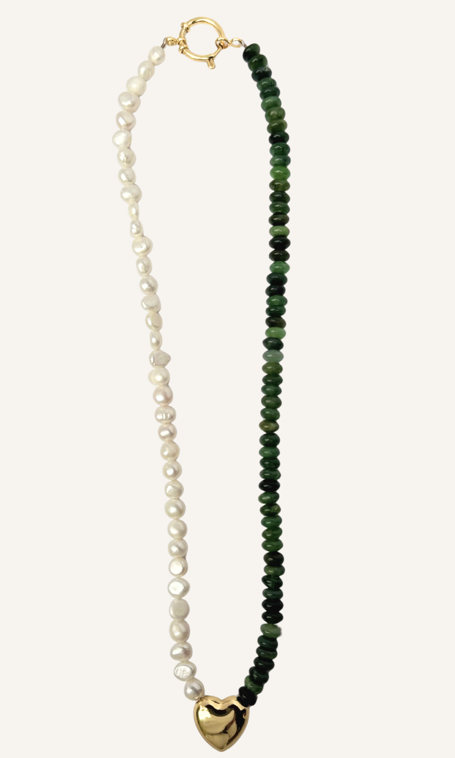 Green Russian Jade and Freshwater Pearl necklace with a beaded puffy heart, gold filled findings, and a sailor clasp