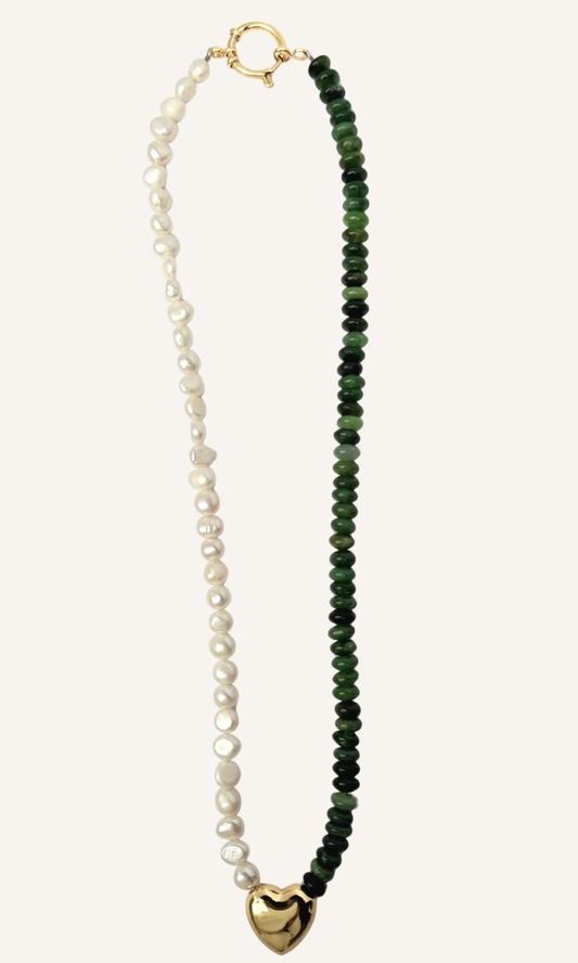 Green Russian Jade and Freshwater Pearl necklace with a beaded puffy heart, gold filled findings, and a sailor clasp