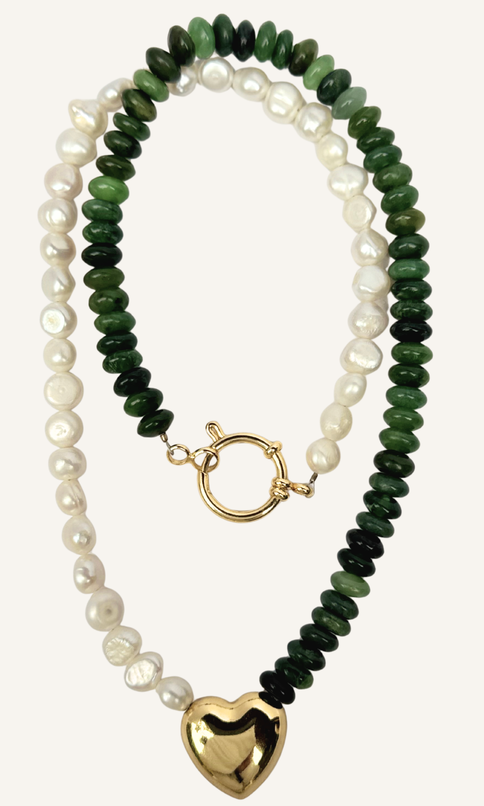 Green Russian Jade and Freshwater Pearl necklace with a beaded puffy heart, gold filled findings, and a sailor clasp