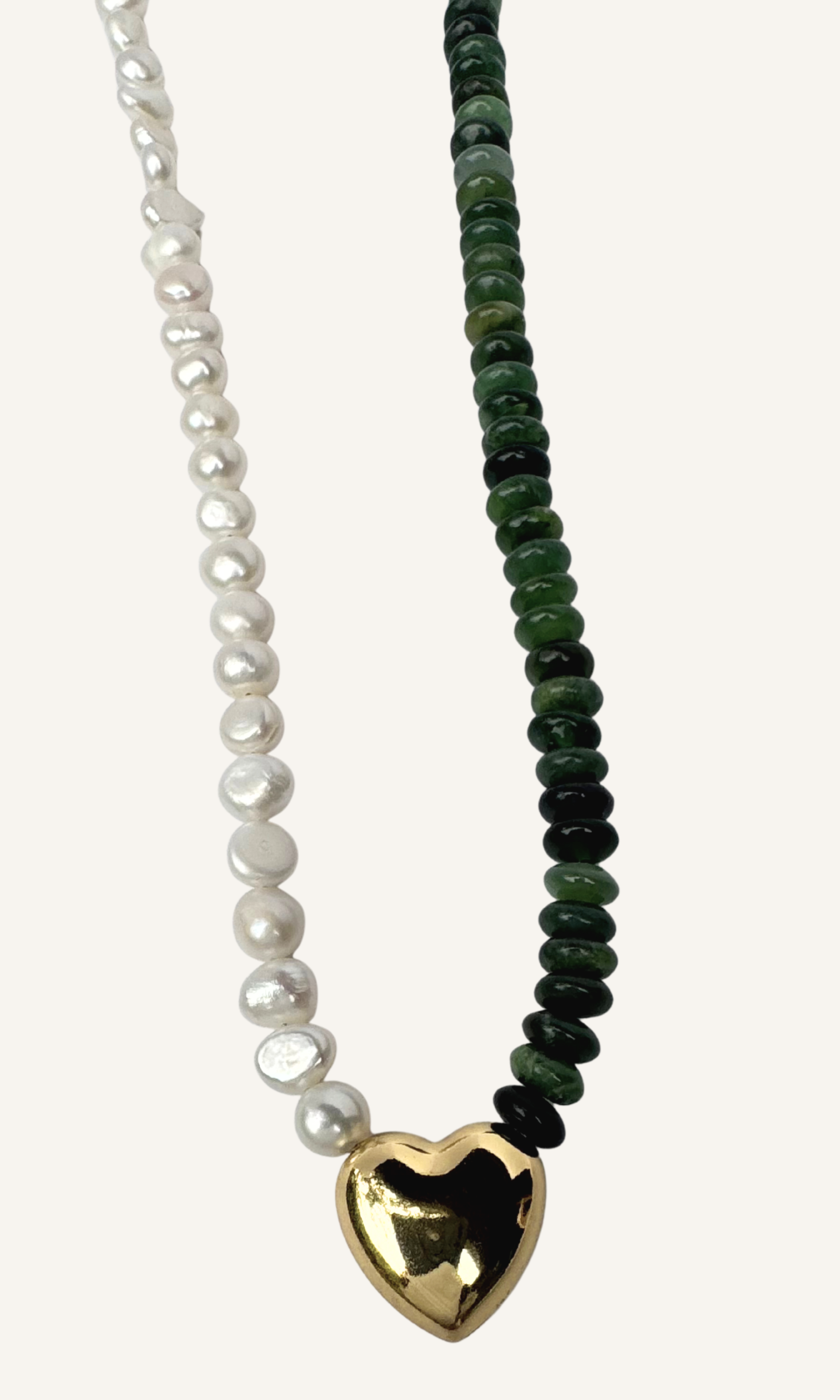 Green Russian Jade and Freshwater Pearl necklace with a beaded puffy heart, gold filled findings, and a sailor clasp