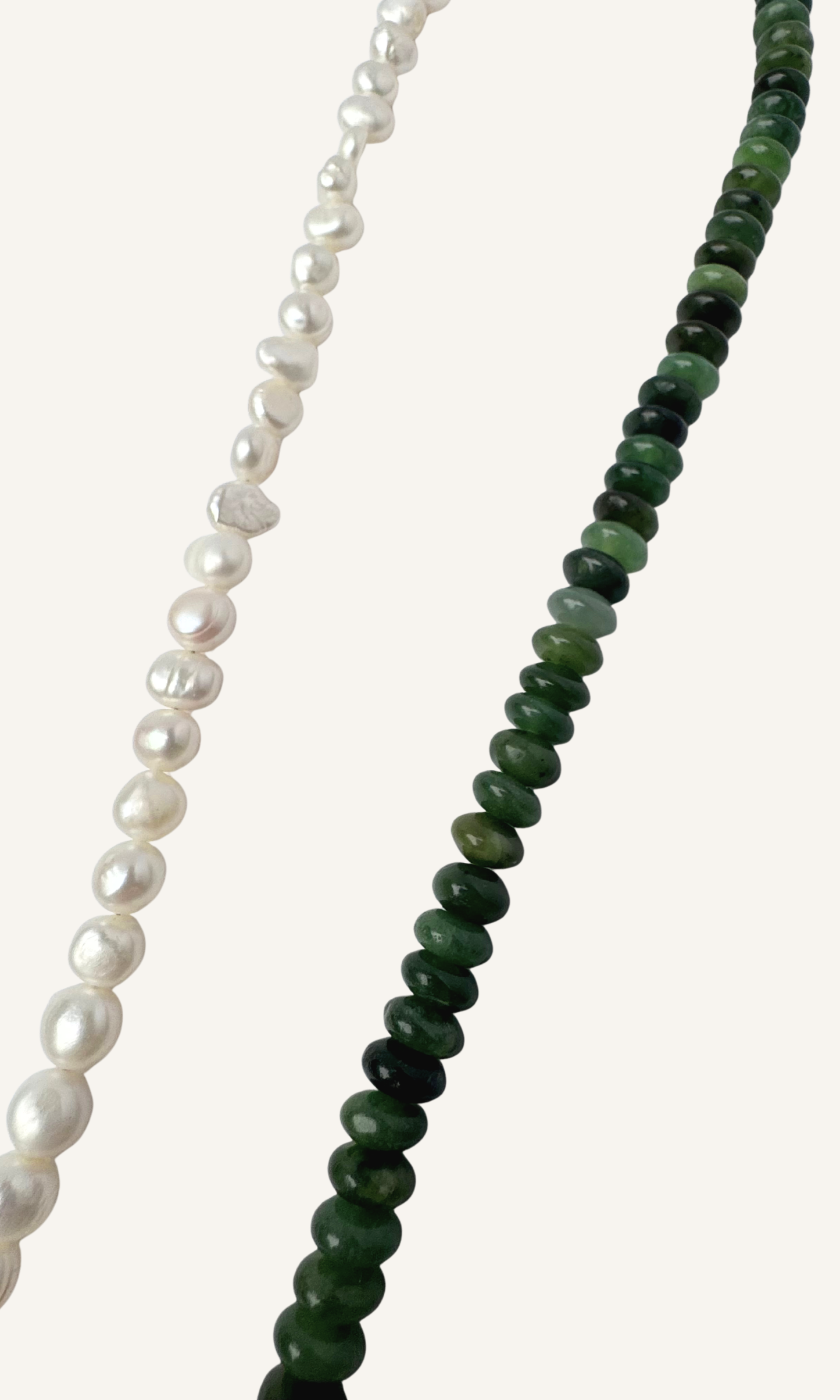 Green Russian Jade and Freshwater Pearl necklace with a beaded puffy heart, gold filled findings, and a sailor clasp