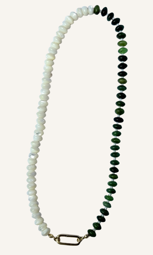 Green Russian Jade and Mother of Pearl necklace with gold filled findings and a push gate clasp