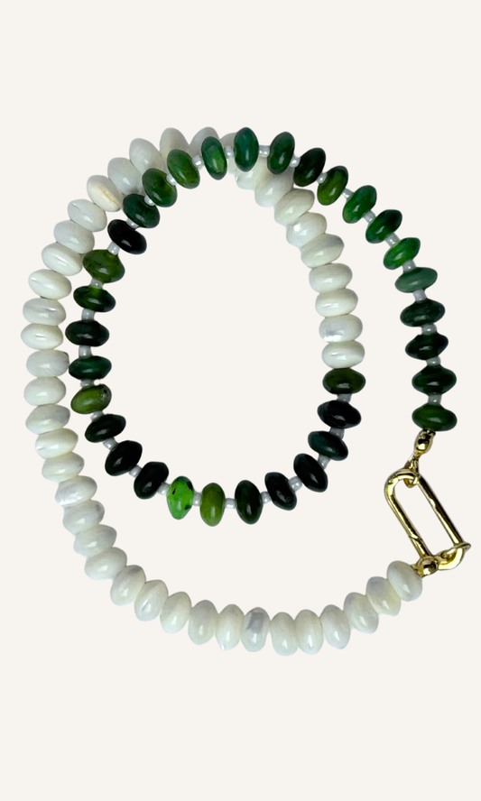Green Russian Jade and Mother of Pearl necklace with gold filled findings and a push gate clasp
