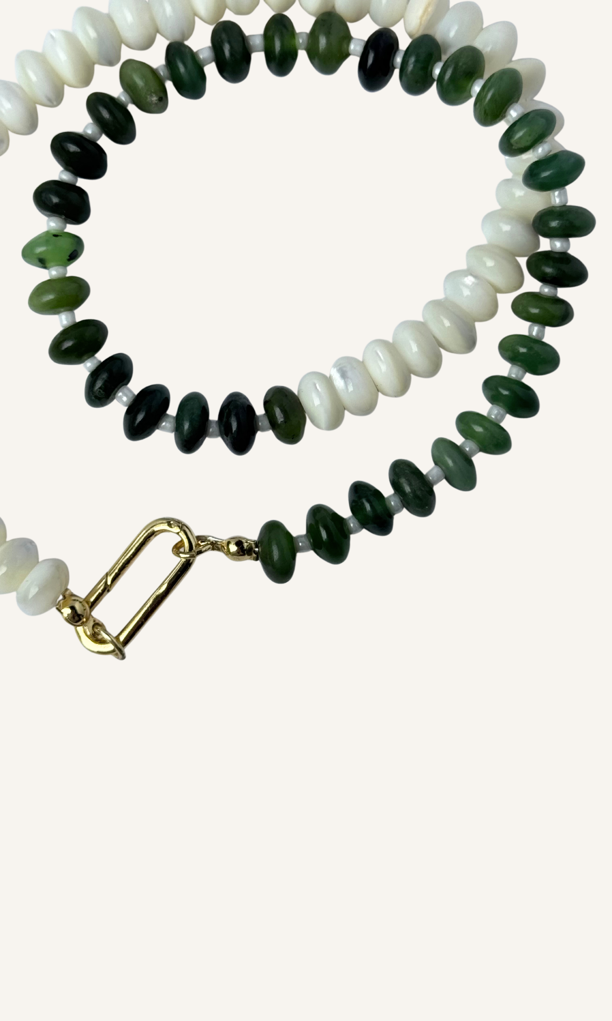 Green Russian Jade and Mother of Pearl necklace with gold filled findings and a push gate clasp