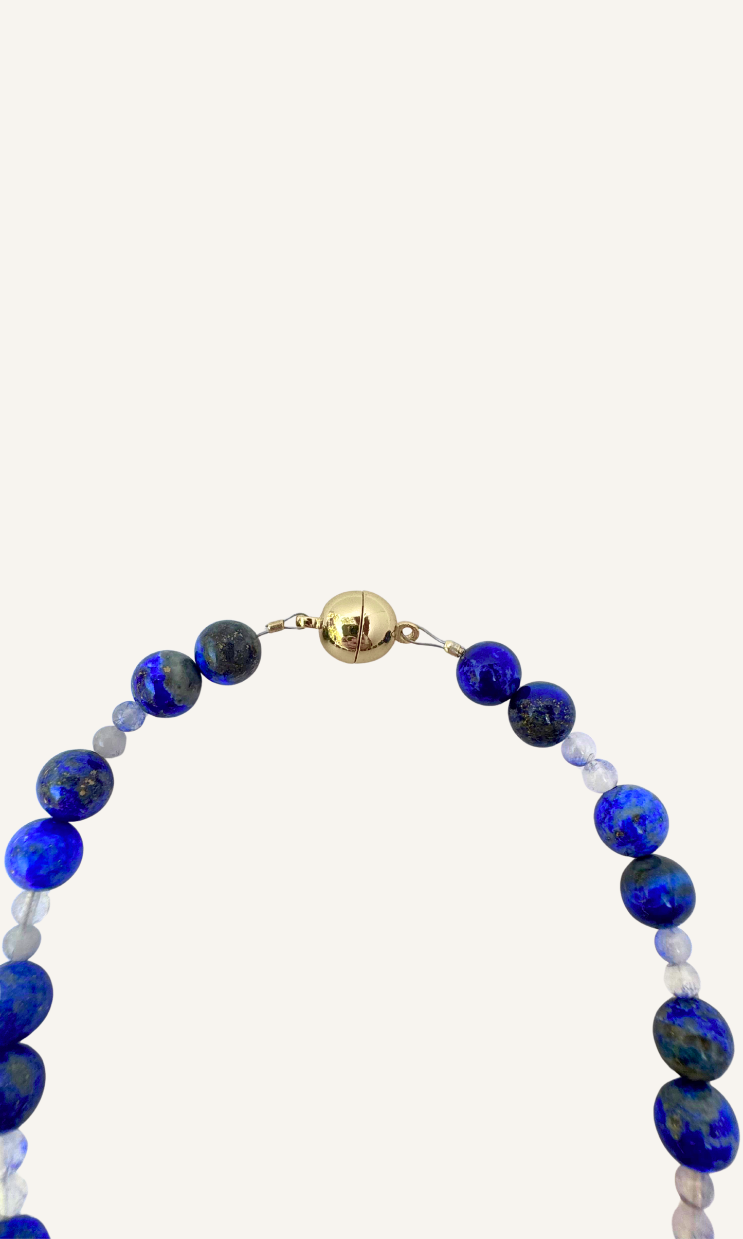 LA Dodgers inspired Lapis and Dumortiarite in Quartz necklace with Lapis and LA charms and a magnetic clasp. All metal is gold filled