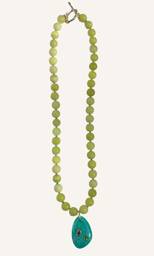 Lemon Jade necklace, Amazonite pendant with CZ stones, and gold filled toggle clasp