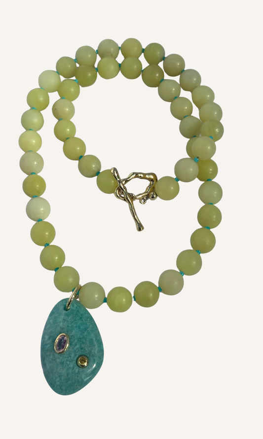 Lemon Jade necklace, Amazonite pendant with CZ stones, and gold filled toggle clasp