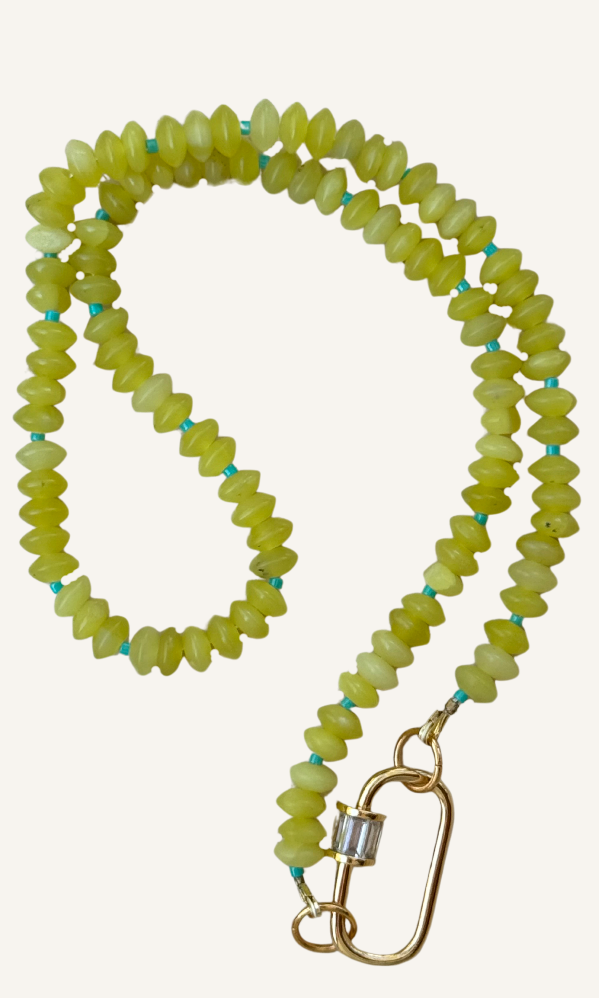 Lemon Jade necklace with aqua spacers, gold filled findings, and carabiner screw clasp