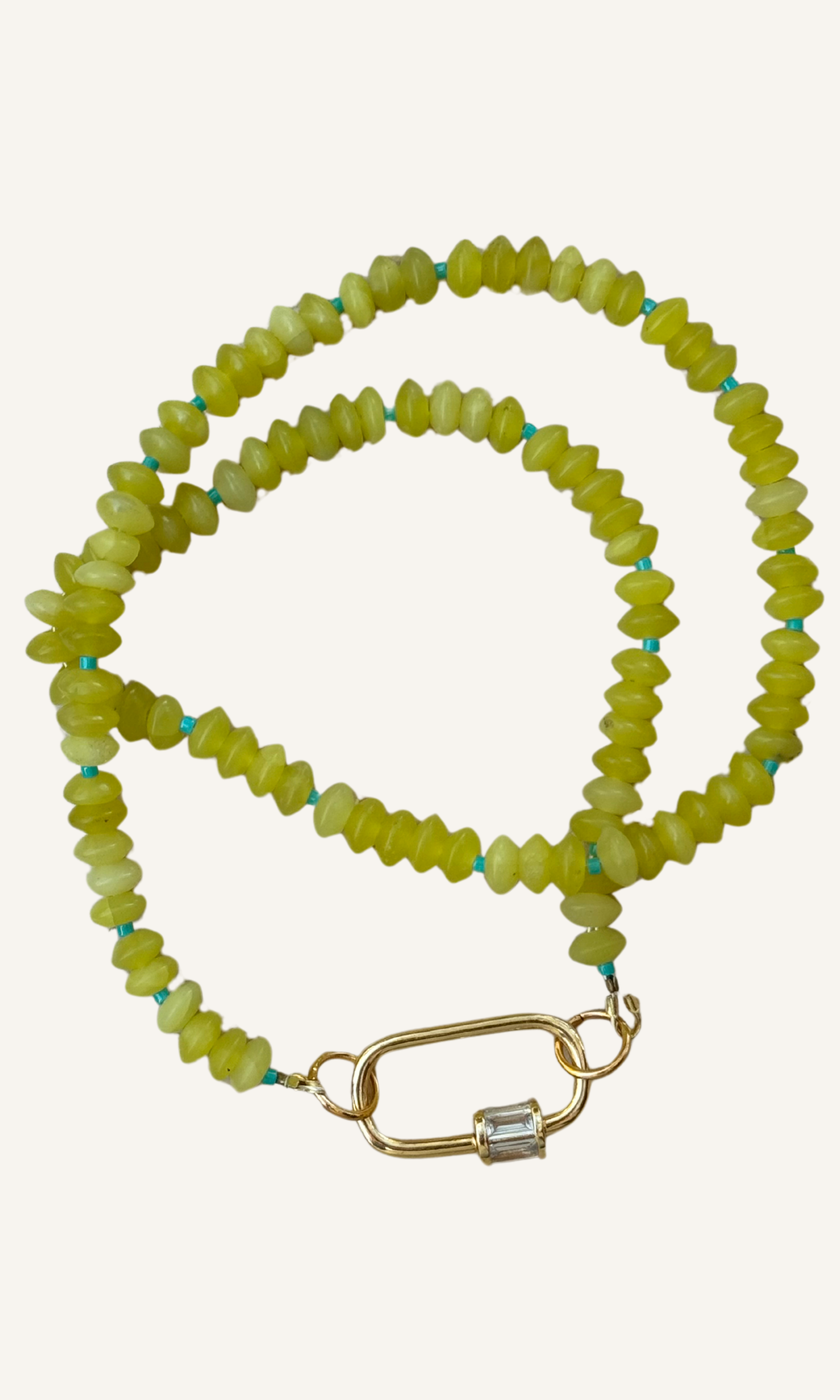 Lemon Jade necklace with aqua spacers, gold filled findings, and carabiner screw clasp