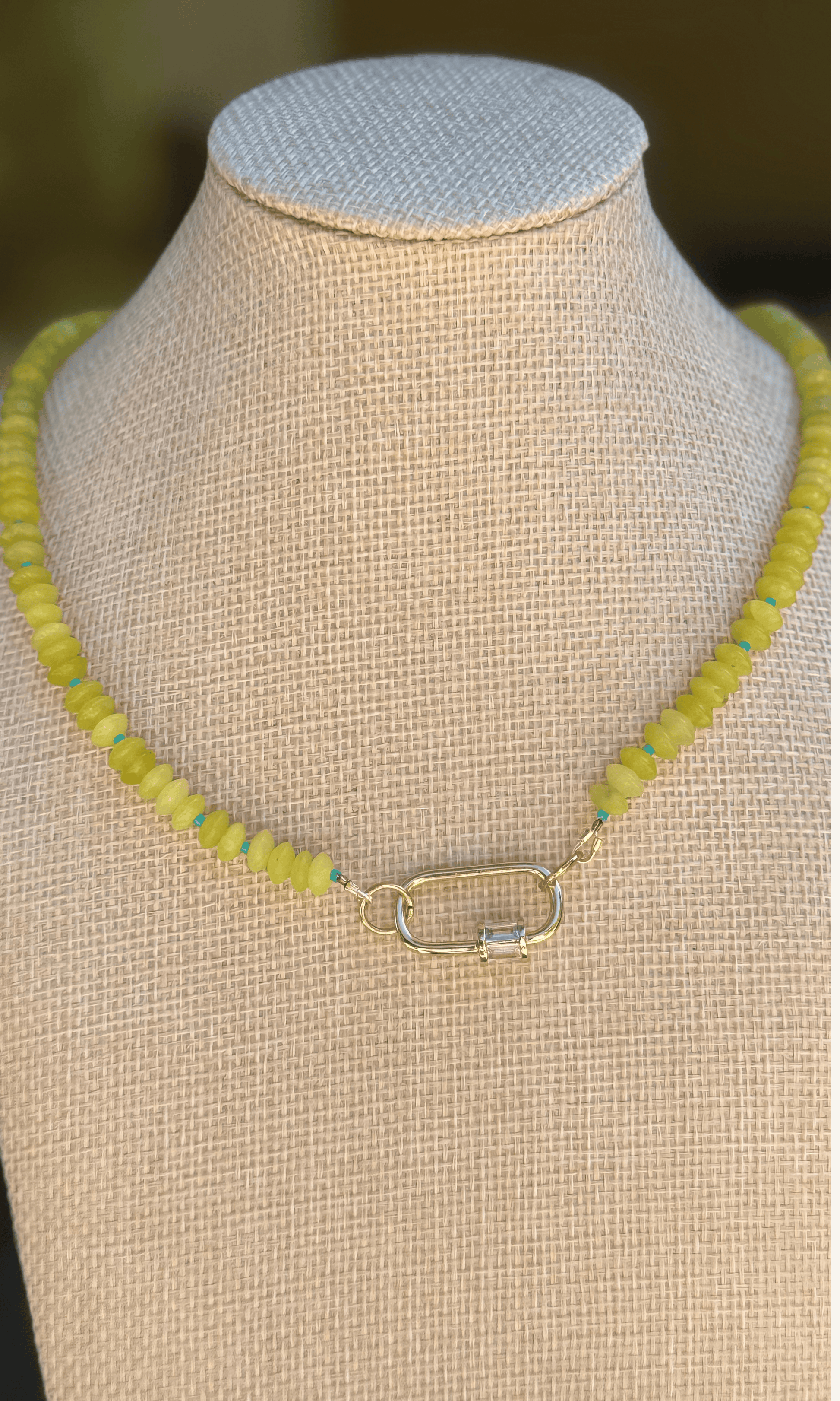 Lemon Jade necklace with aqua spacers, gold filled findings, and carabiner screw clasp
